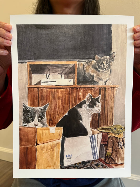 KnoFu Exclusive Artist Print - Sean Boyles "Cats & Boxes & Grogu"